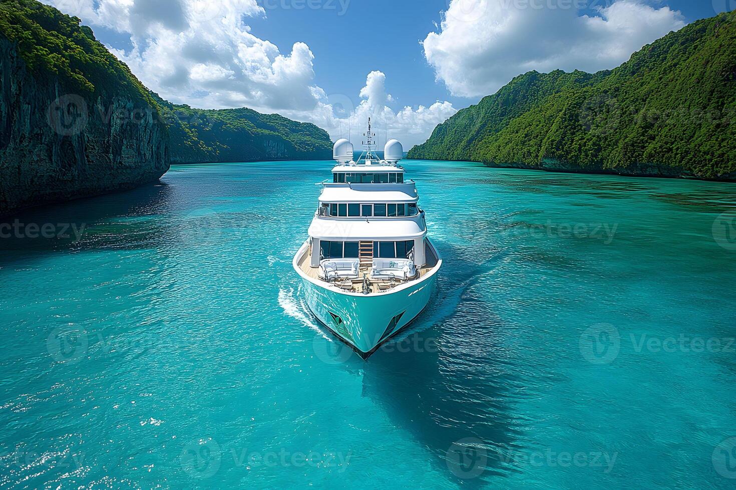 Luxury Yacht on Turquoise Waters Amidst Lush Cliffs for Travel and Adventure Themes photo
