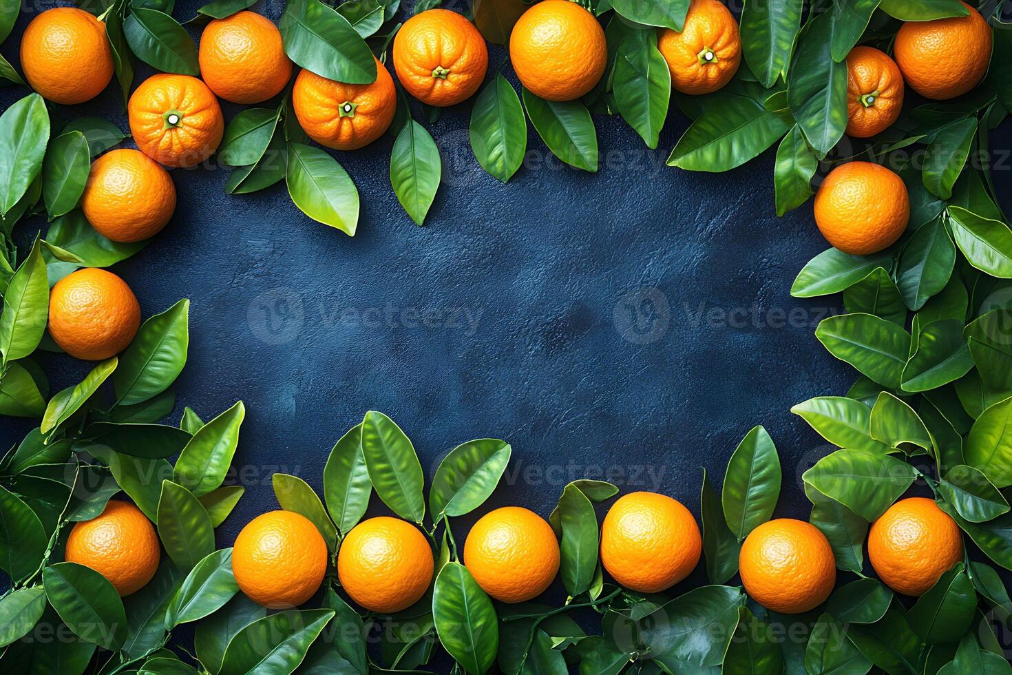 Fresh Citrus Border with Oranges and Green Leaves on Dark Background for Culinary Design photo