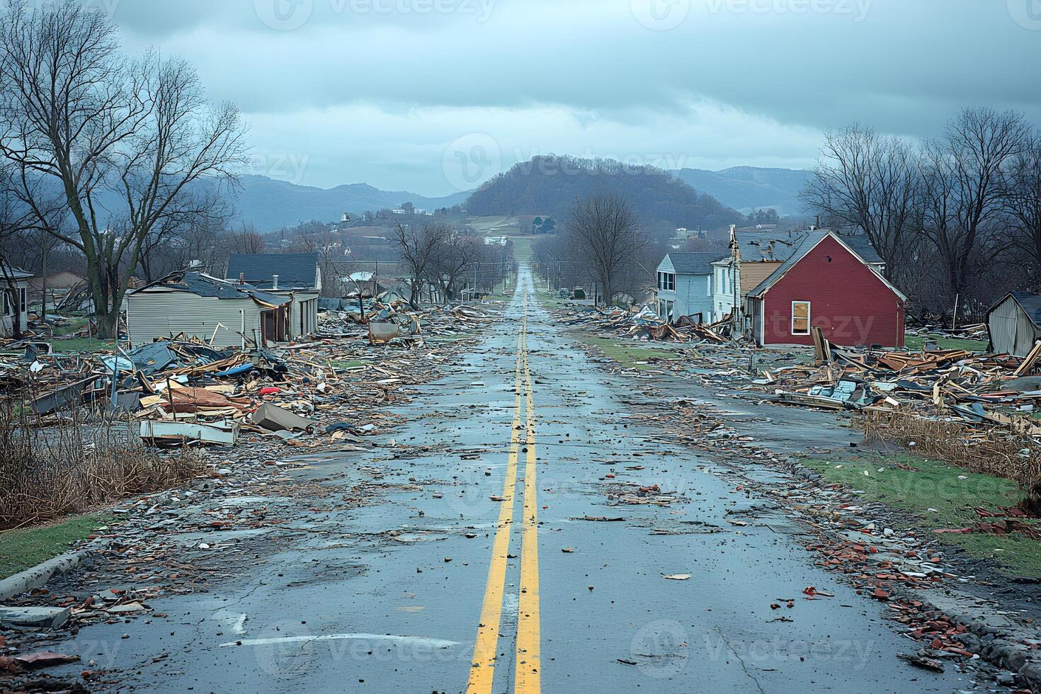 Urban Devastation After a Natural Disaster Destroyed Buildings and Debris on a Desolate Road photo