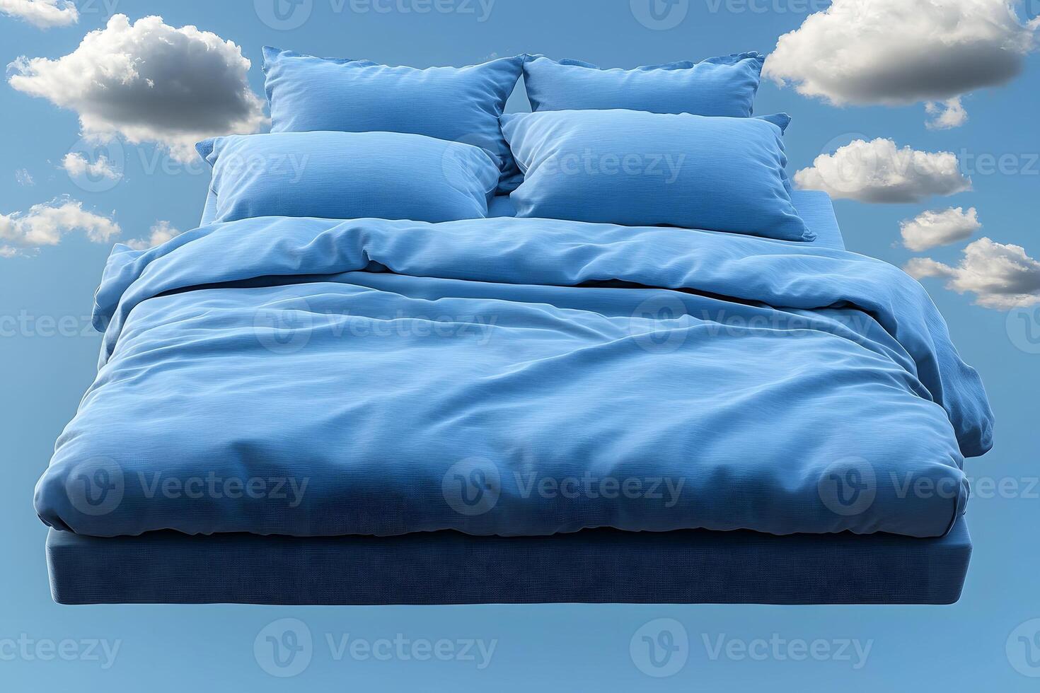 Floating Blue Bed in Cloudy Sky - Dreamy Sleep Concept for Surreal Art and Design photo