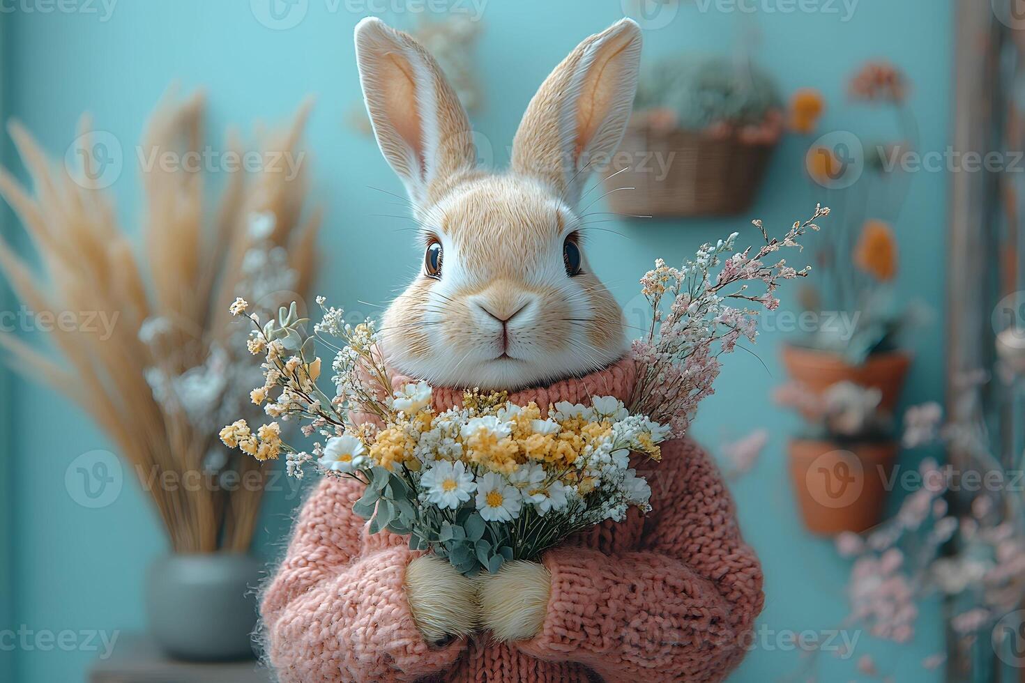 Cute Bunny Holding Floral Bouquet in Cozy Knit Sweater for Spring Decor photo