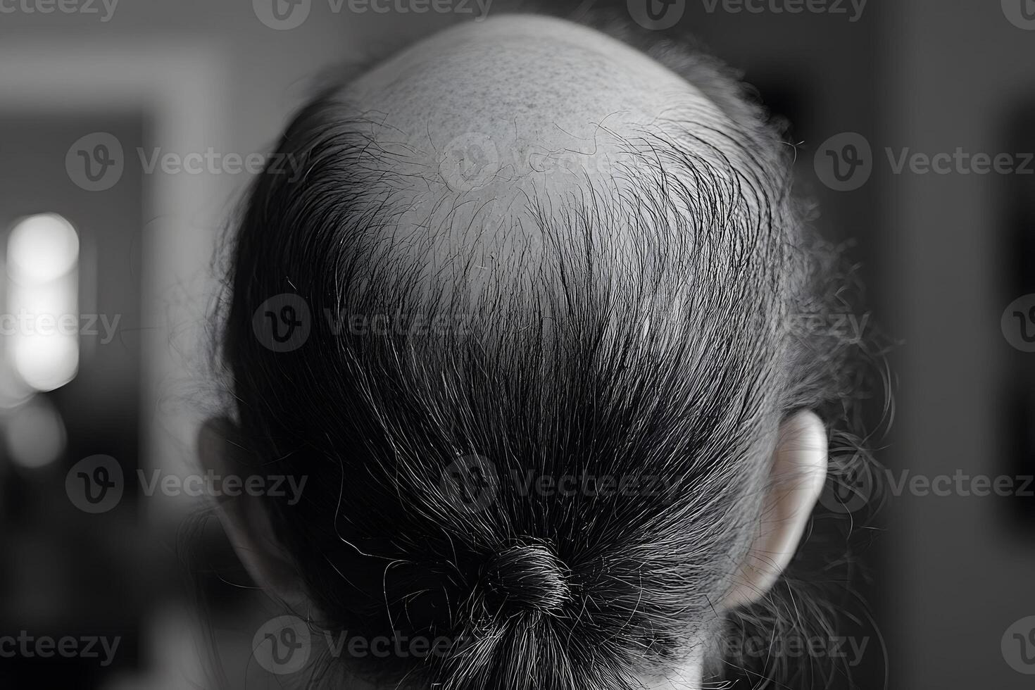 Close-Up of Male Pattern Baldness with Long Ponytail in Black and White for Hair Loss Awareness photo