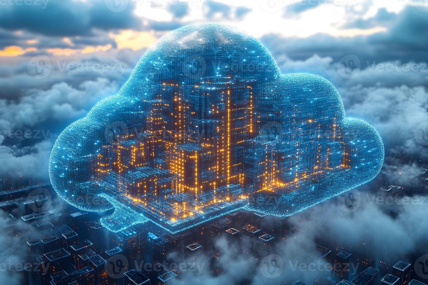 Futuristic Cloud Computing City Surrounded by Digital Atmosphere and Data Networks photo