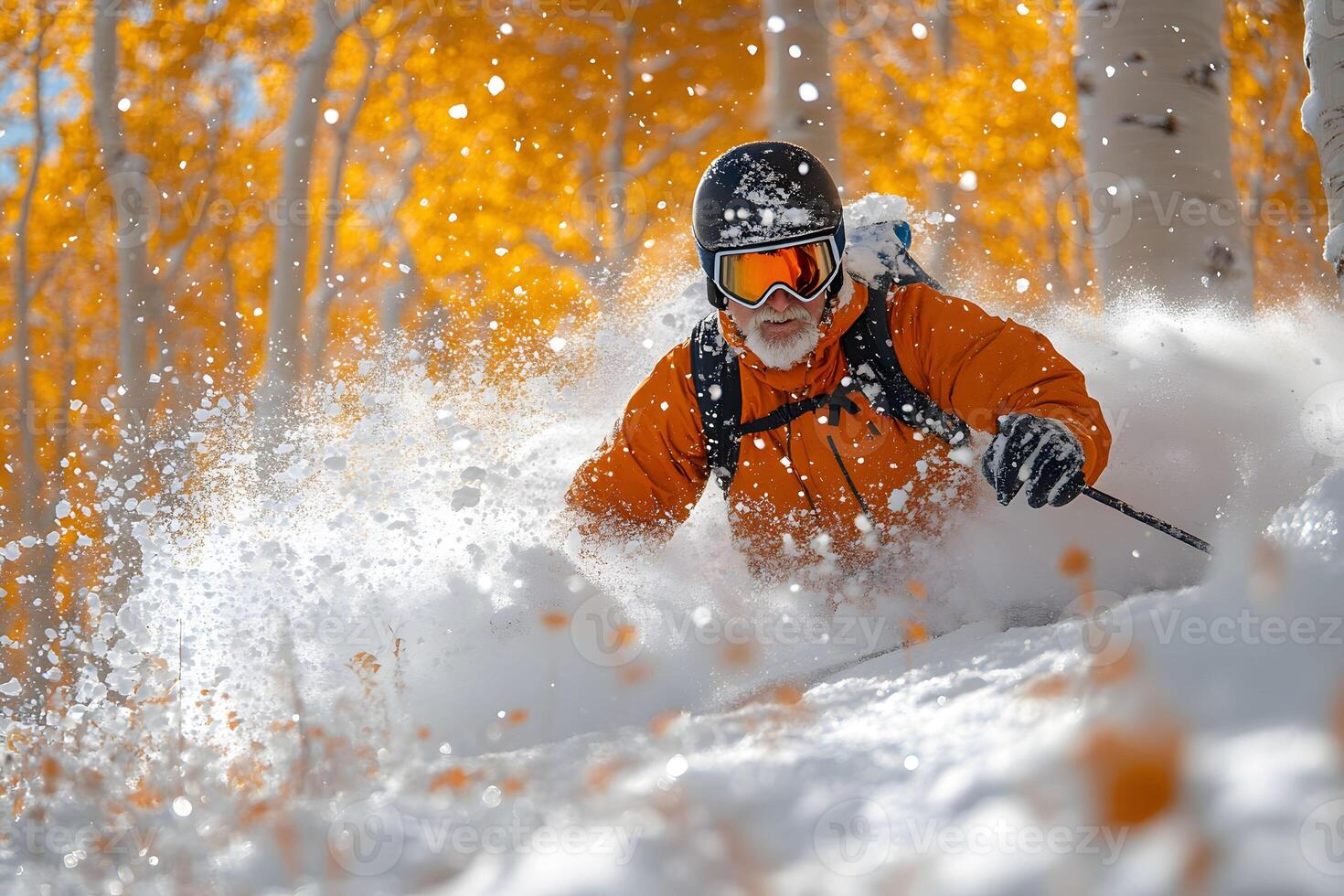 Dynamic Autumn Skiing Adventure Amidst Vibrant Foliage and Fresh Powder photo