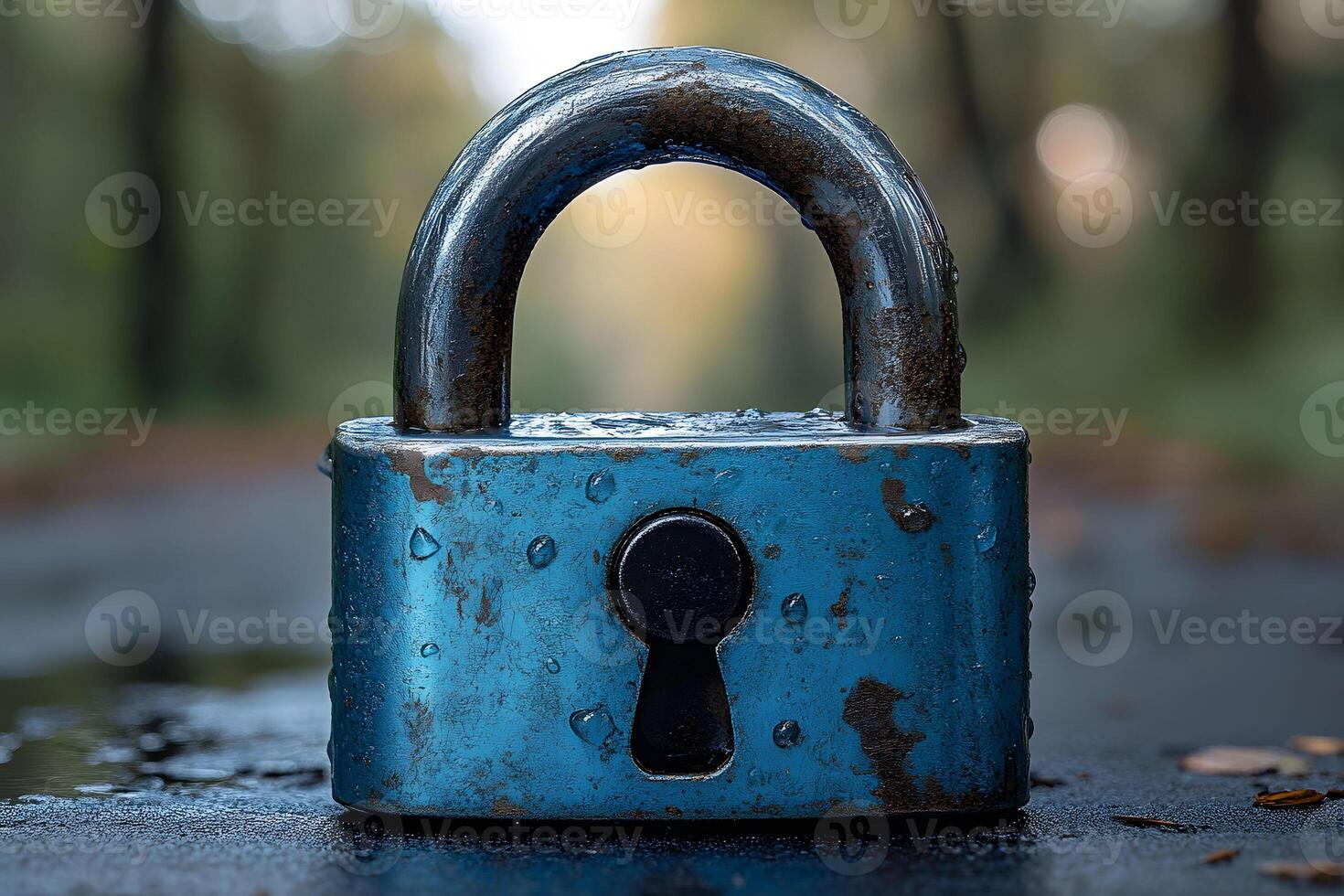 Weathered Blue Padlock on Wet Surface - Security and Resilience Concept photo