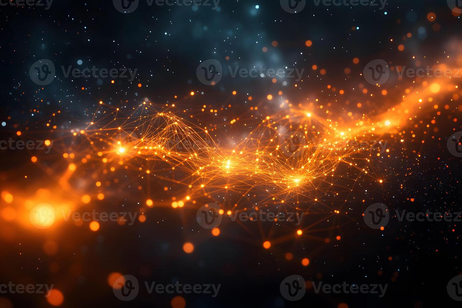 Futuristic Abstract Orange Digital Network with Glowing Lines on Starry Background photo