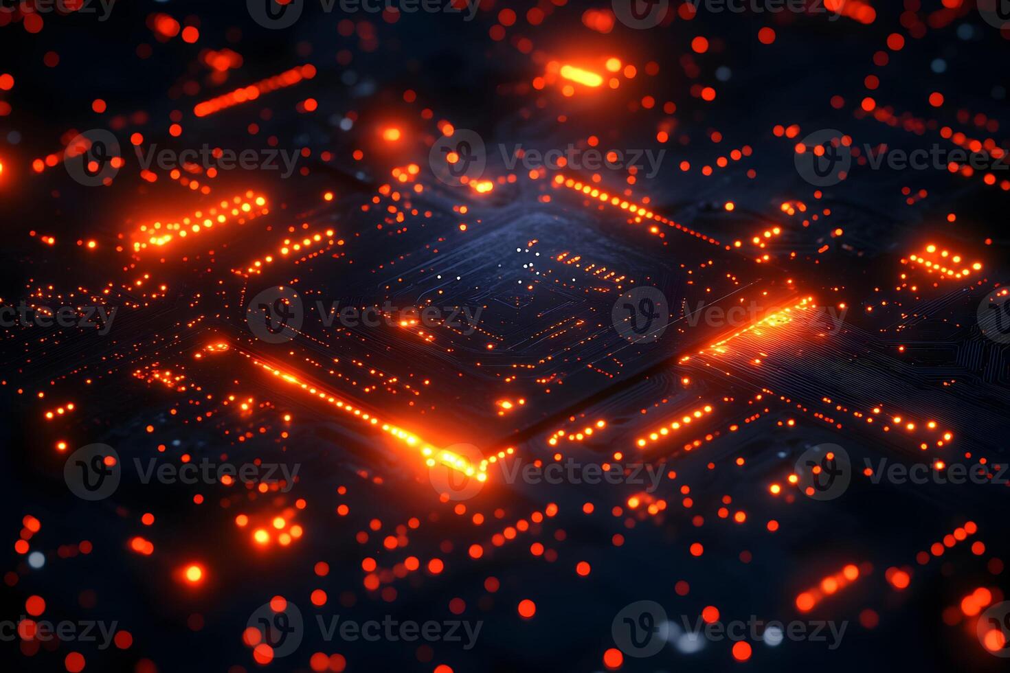 Glowing Circuit Chip with Futuristic Orange Lights Technology Background Design photo