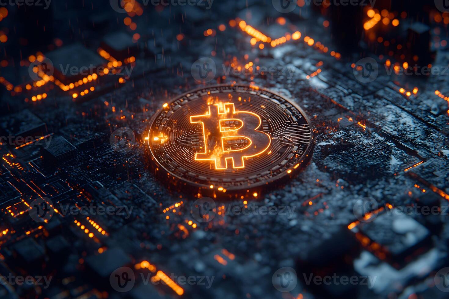 Digital Currency Revolution Illuminated Bitcoin Concept on Circuit Board for Tech Design photo