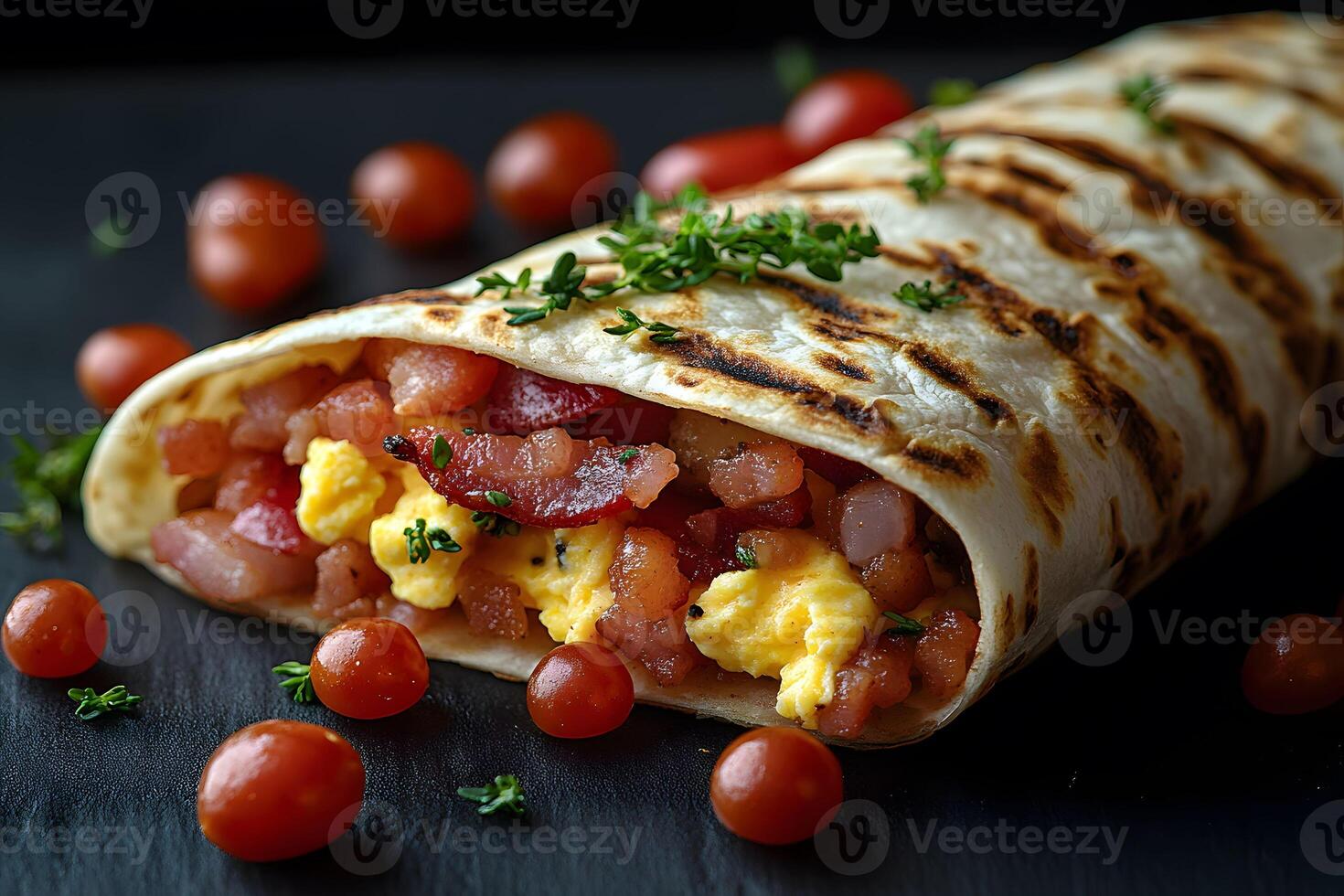 Grilled Breakfast Burrito with Bacon, Scrambled Eggs, and Cherry Tomatoes for Brunch Design photo