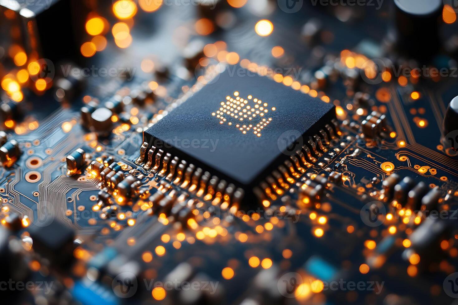 High-Tech Circuit Board with Glowing Microchip for Technology and Innovation Design photo