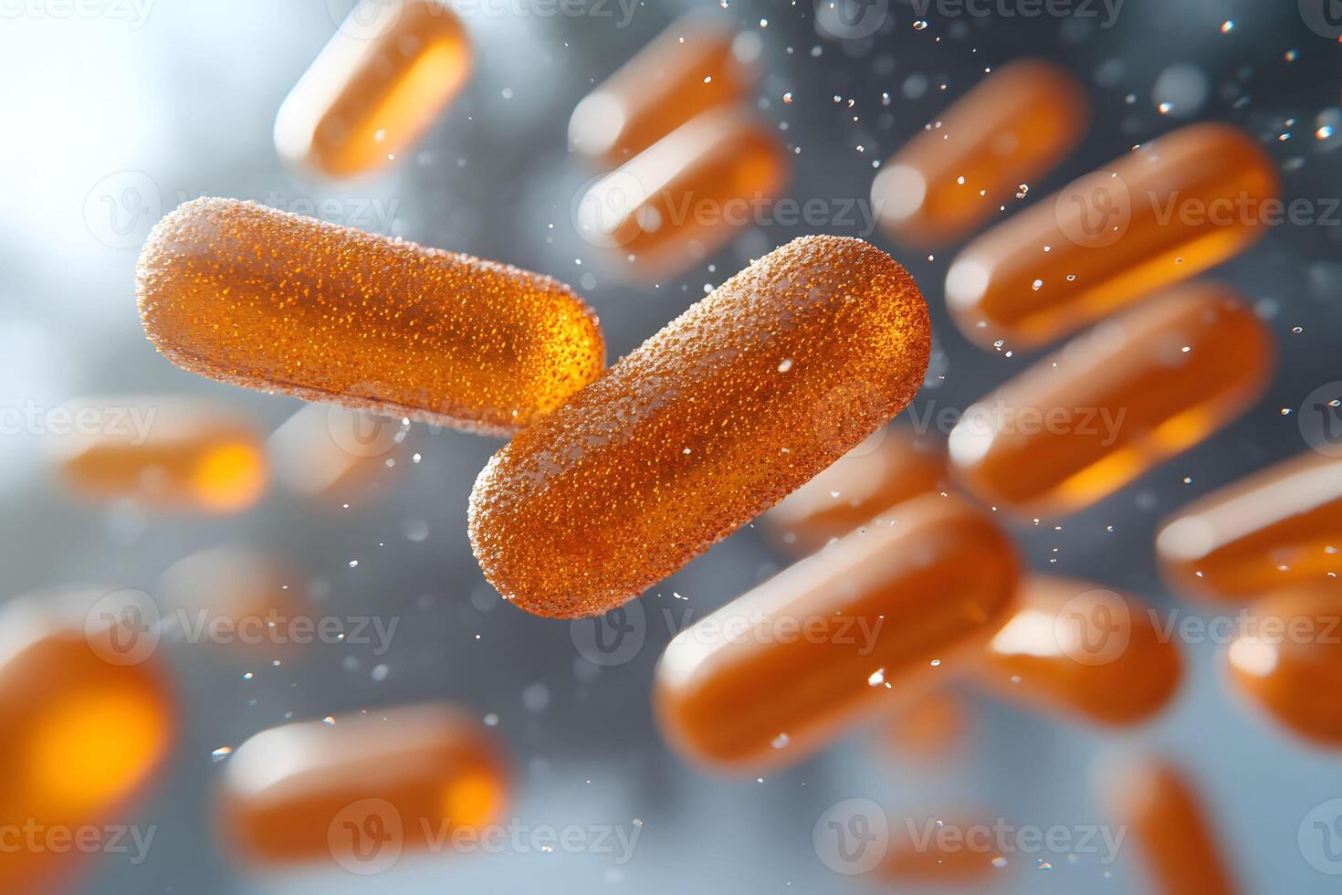 Abstract Close-up of Floating Effervescent Orange Capsules for Health and Wellness Concepts photo