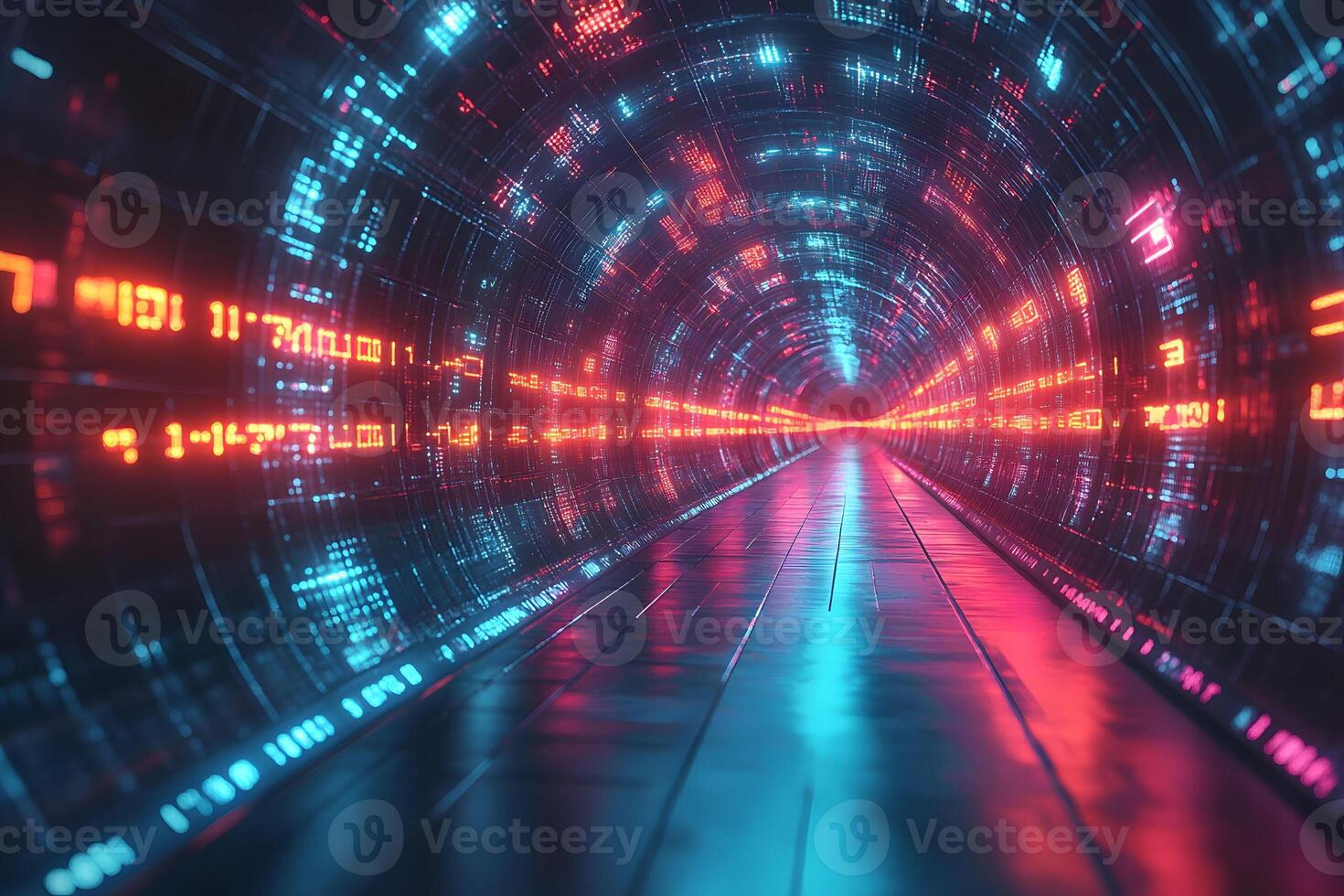 Futuristic Digital Data Tunnel with Neon Lights for Technology Concept Art photo