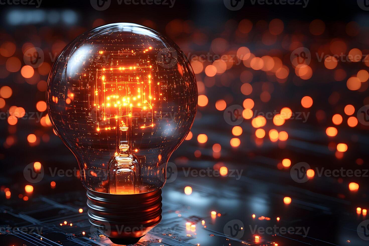 Futuristic Digital Innovation Concept with Illuminated Light Bulb on Circuit Board photo