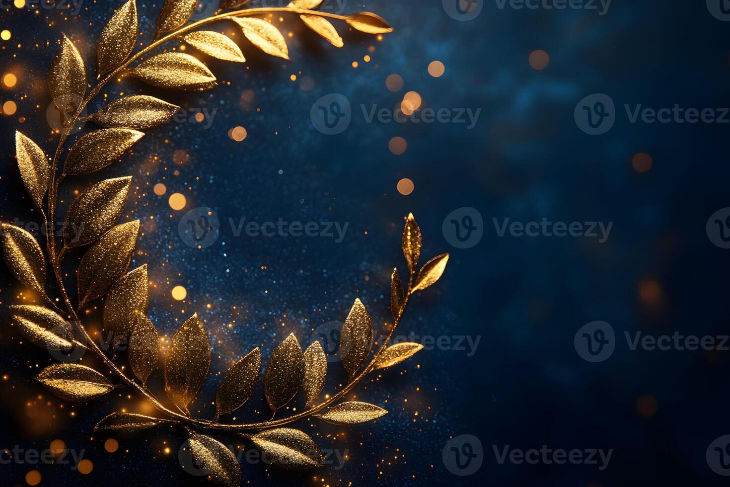 Elegant Golden Leaf Wreath on Dark Blue Bokeh for Festive Design photo