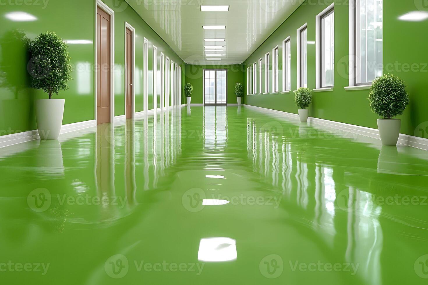 Modern Interior Design with Glossy Green Floor and Potted Plants photo