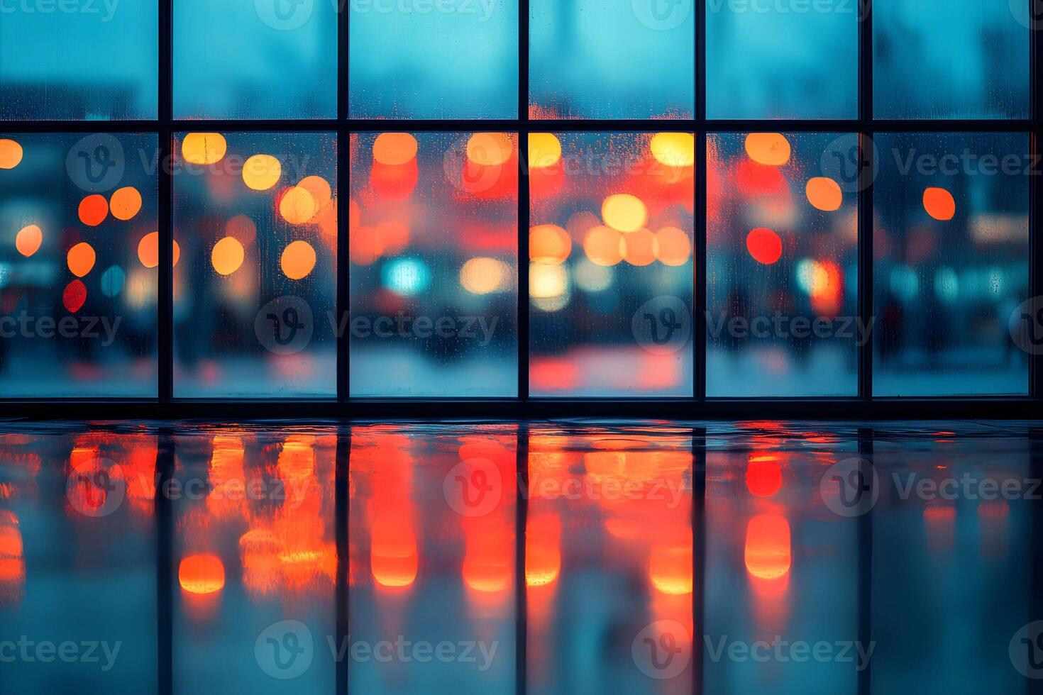 Abstract Reflection of City Lights on Wet Window Pane Modern Urban Aesthetic for Art and Design photo