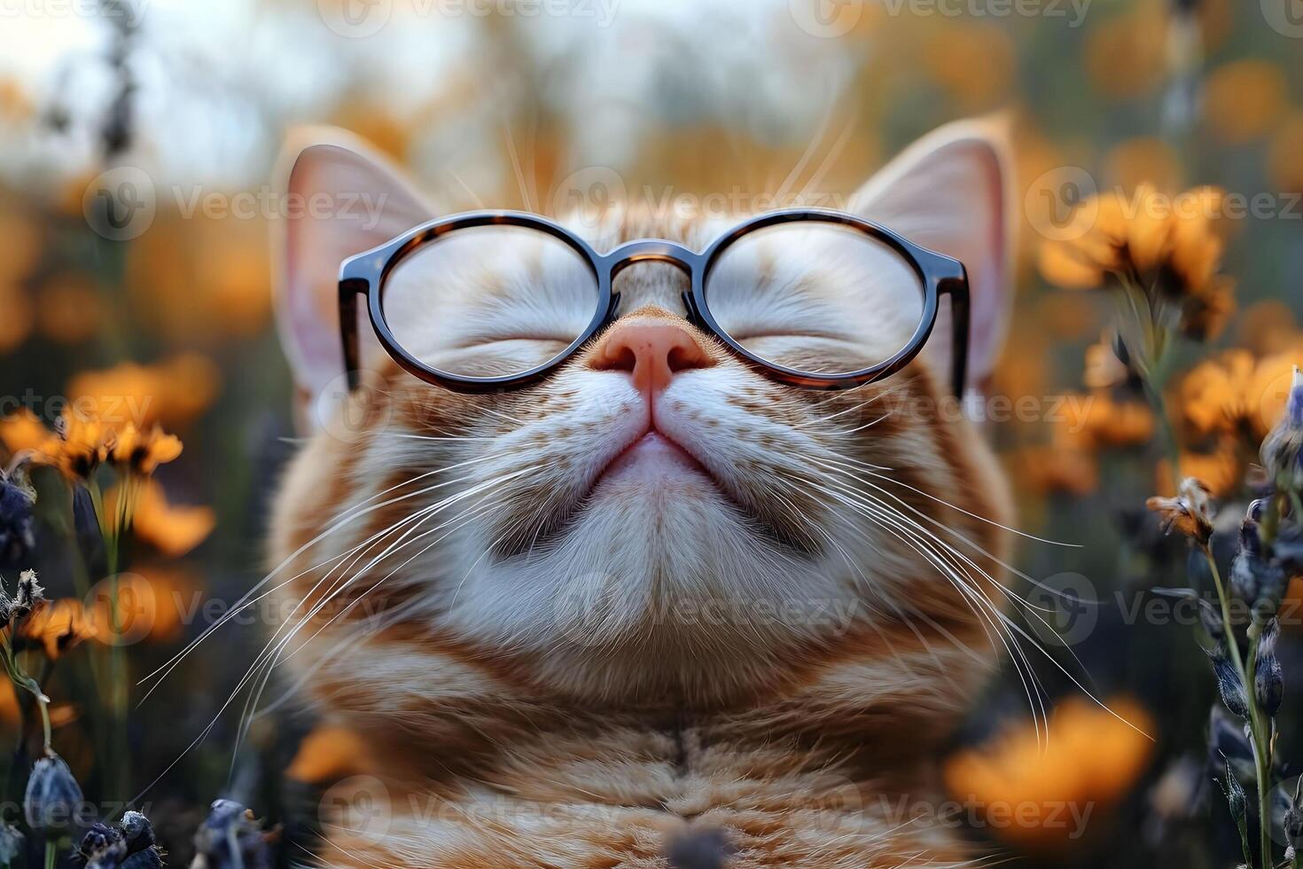 Adorable Cat Wearing Glasses Relaxing in Flower Garden photo