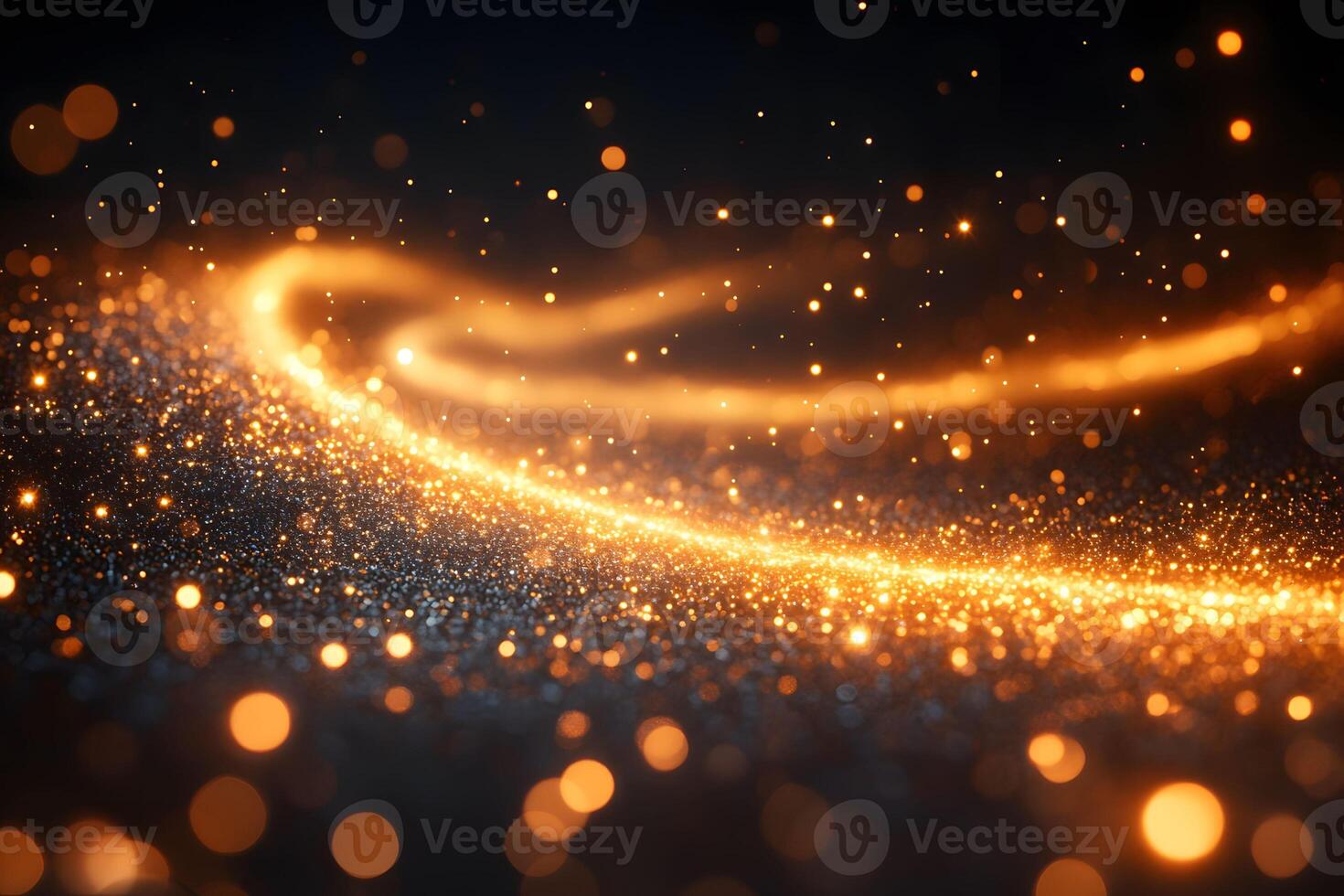 Radiant Golden Sparks and Glow Particles in Dark Abstract Background photo