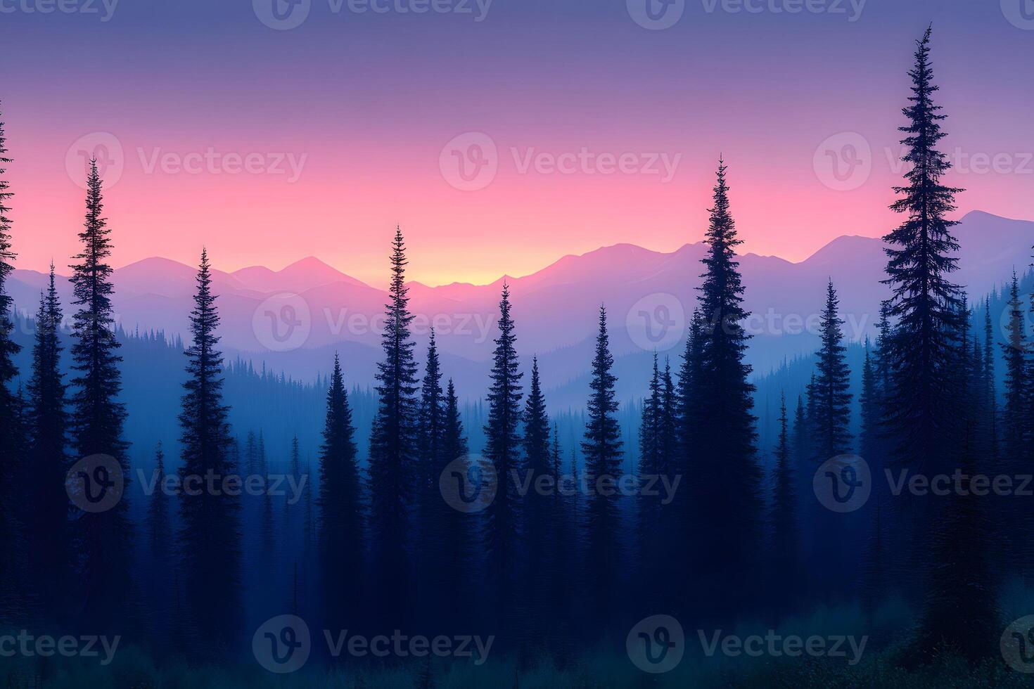 Serene Sunset Horizon in Tranquil Mountain Forest Landscape for Nature Photography photo