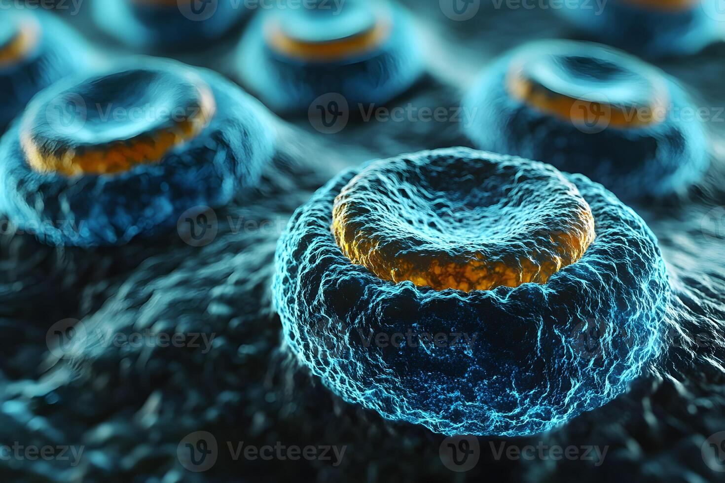 Futuristic Microscopic View of Cell Structures in Vibrant Blue and Orange Hues photo