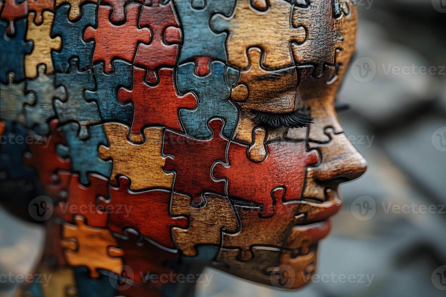 Abstract Puzzle Art Human Face Sculpted with Colorful Jigsaw Pieces for Creative Design photo