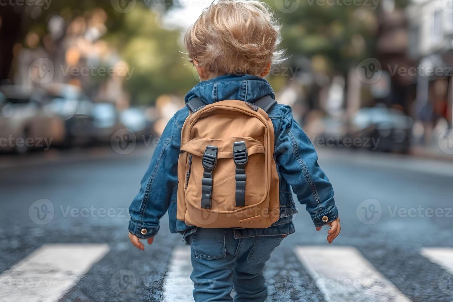 Toddler in Denim and Backpack on Urban Street Crosswalk Childhood Exploration Concept photo