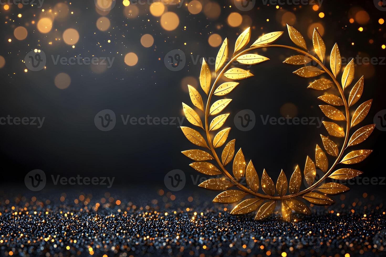Golden Laurel Wreath on Glittering Surface with Bokeh Lights photo