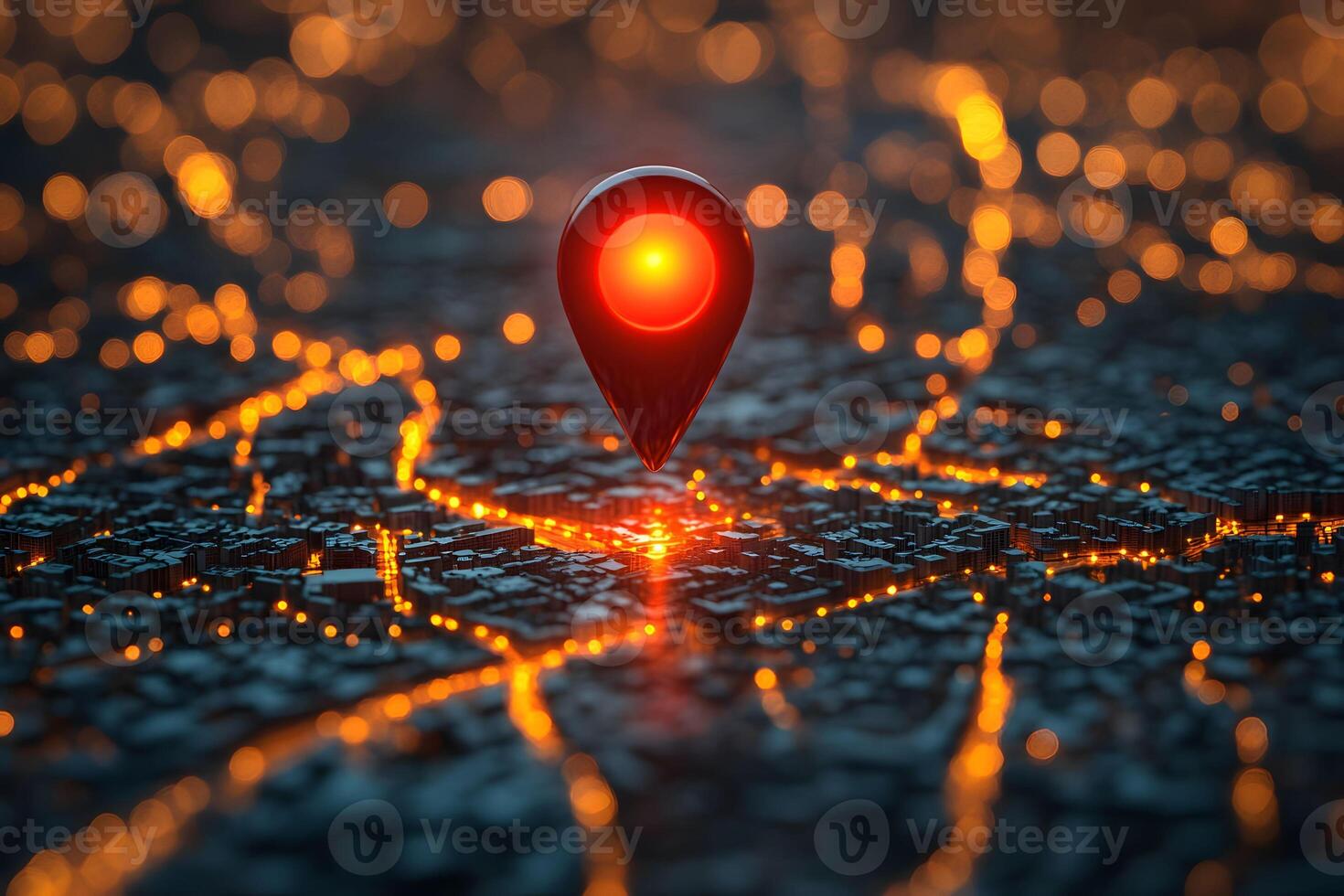Glowing Location Pin over Illuminated City Map photo