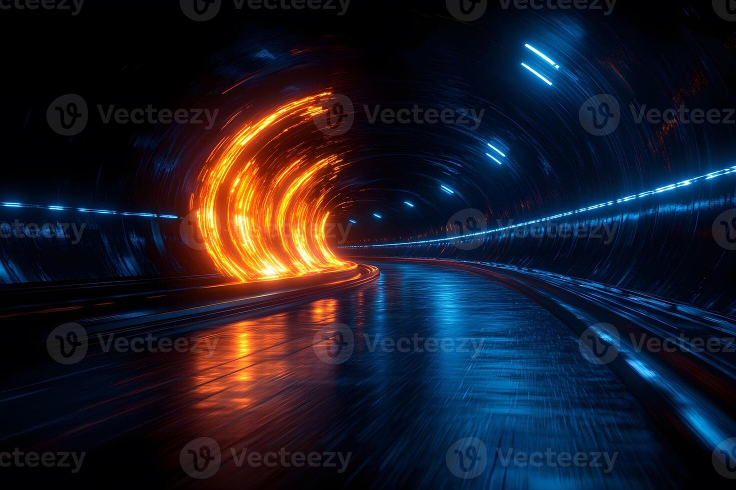 Futuristic Neon Tunnel with Blue and Orange Light Streaks for Technology Design photo