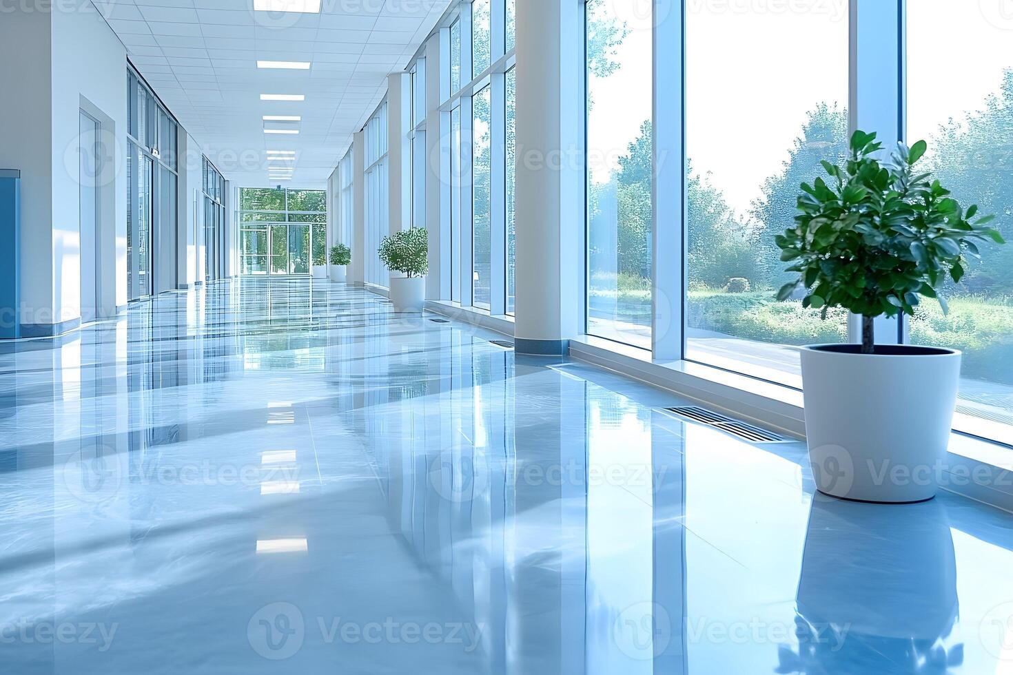Modern Office Corridor with Natural Light and Potted Plants for Business Interiors photo