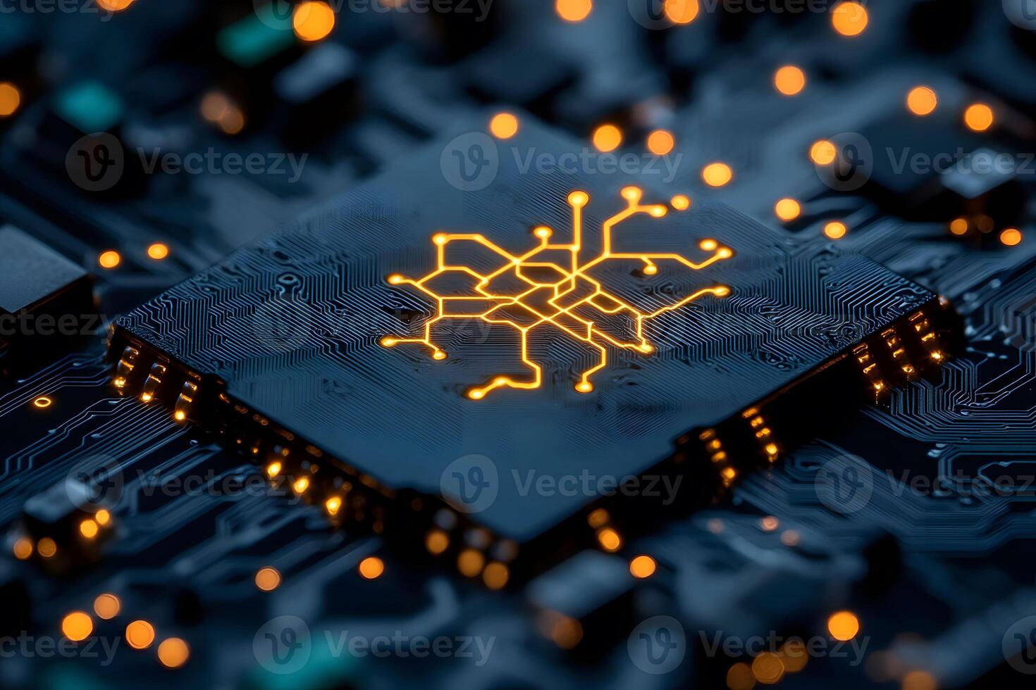 Digital Circuit Board with Glowing Microchip Network for Technology Design photo