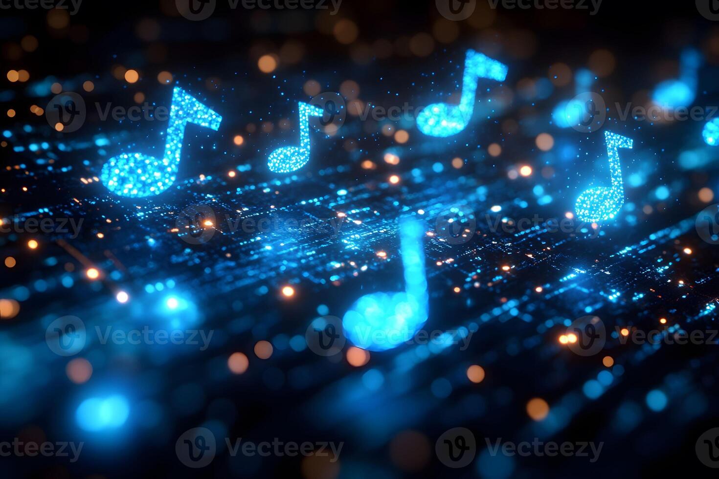 Digital Music Notes Illuminating a Futuristic Network for Creative Designs photo