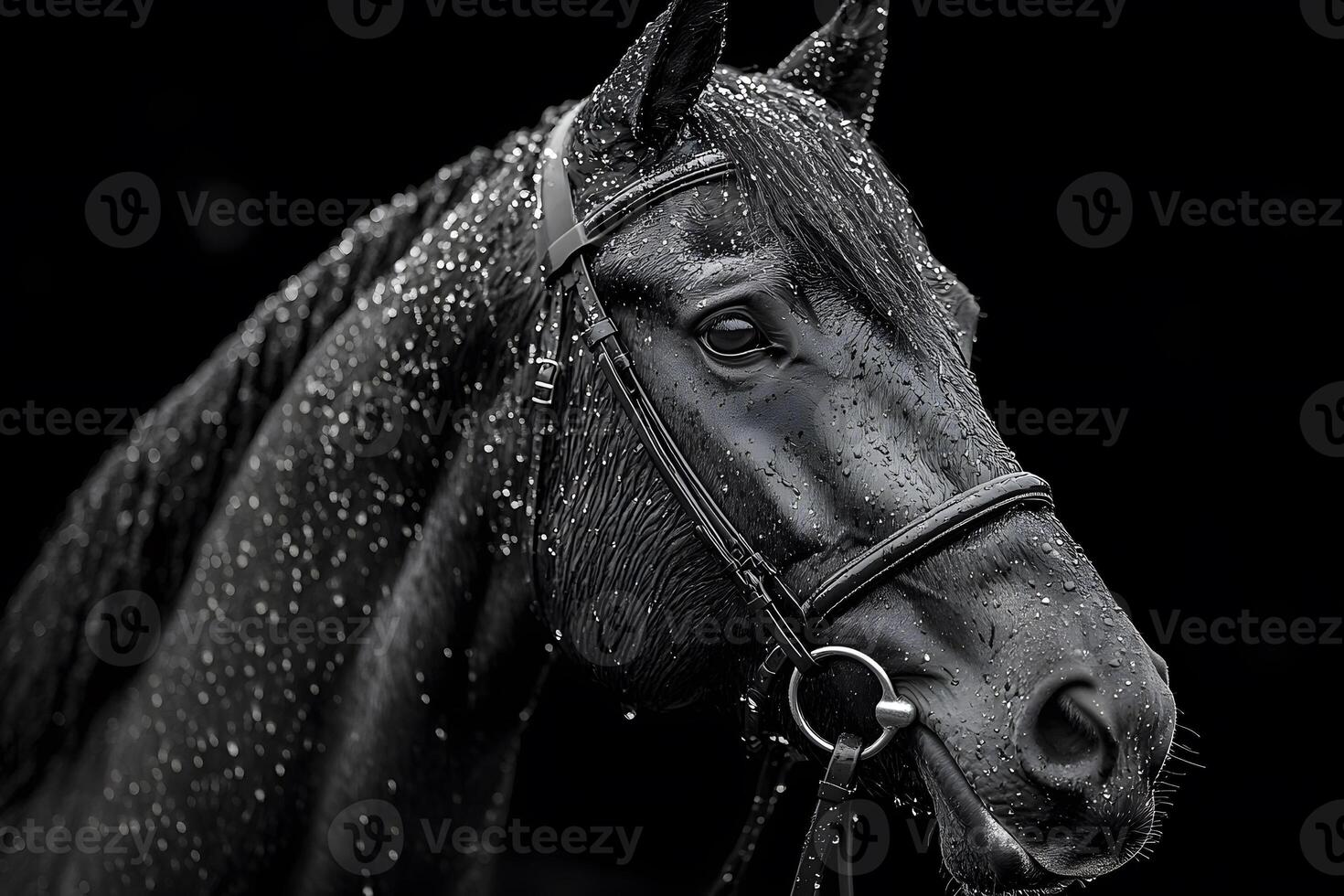 Majestic Black Horse with Bridle in Dramatic Black and White Portrait photo