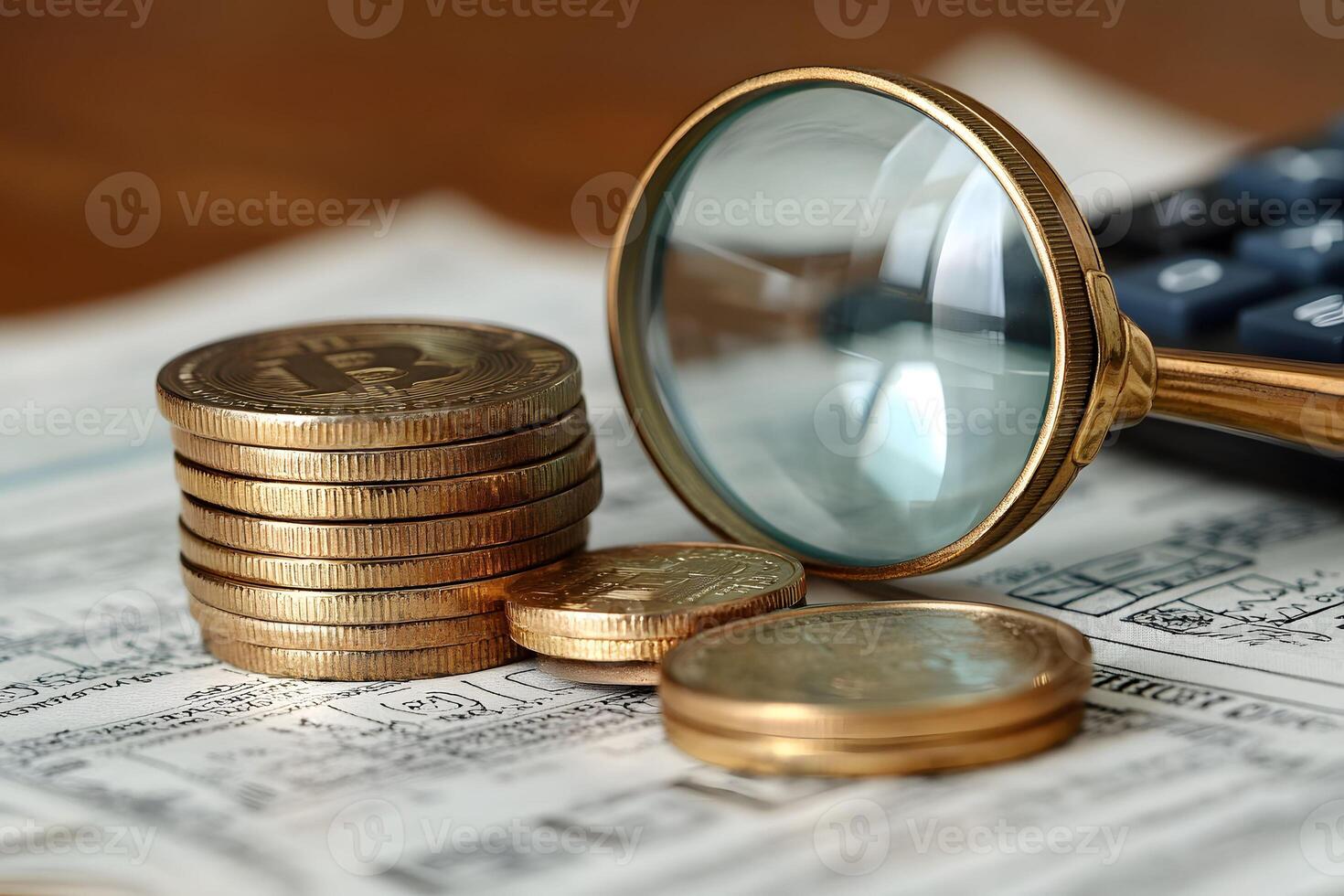 Financial Analysis Concept with Magnifying Glass and Stacked Coins on Newspaper photo