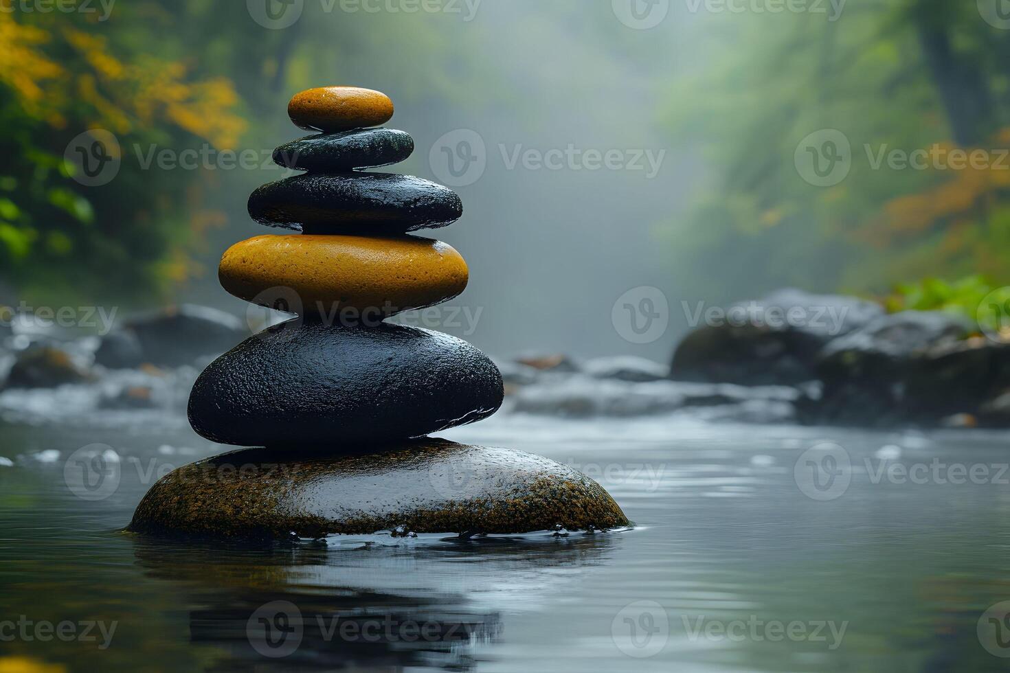 Serene Zen Balance Stacked Stones in Tranquil Forest Stream for Relaxation and Meditation photo