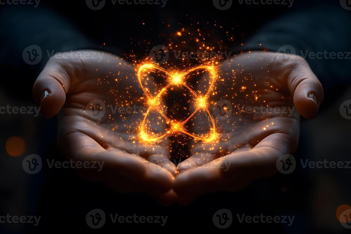 Concept of Energy and Innovation with Glowing Atom in Hands for Science and Technology Design photo