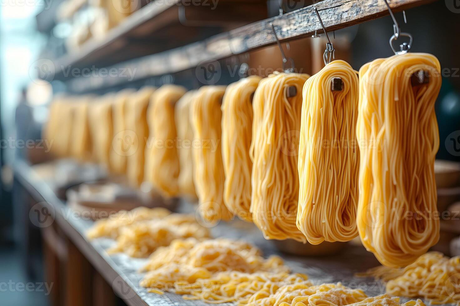 Freshly Made Italian Pasta Hanging on Rustic Kitchen Shelves for Culinary Art photo