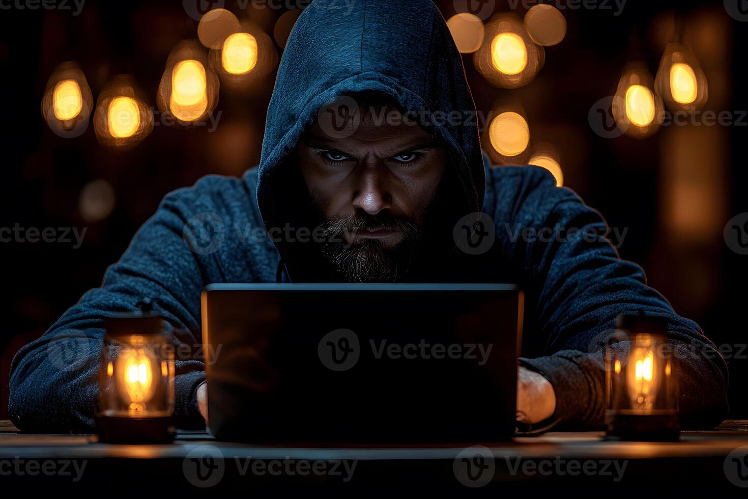 Cybersecurity Threat Dark Web Hacker Concept with Mysterious Hacker in Hooded Sweatshirt photo