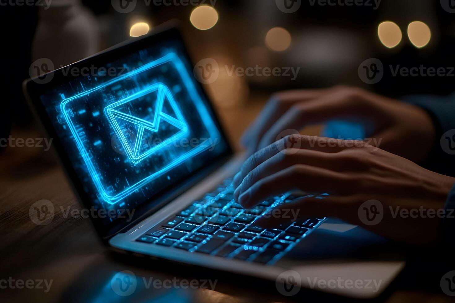 Digital Communication Concept Hands Typing on Laptop with Futuristic Email Icon photo