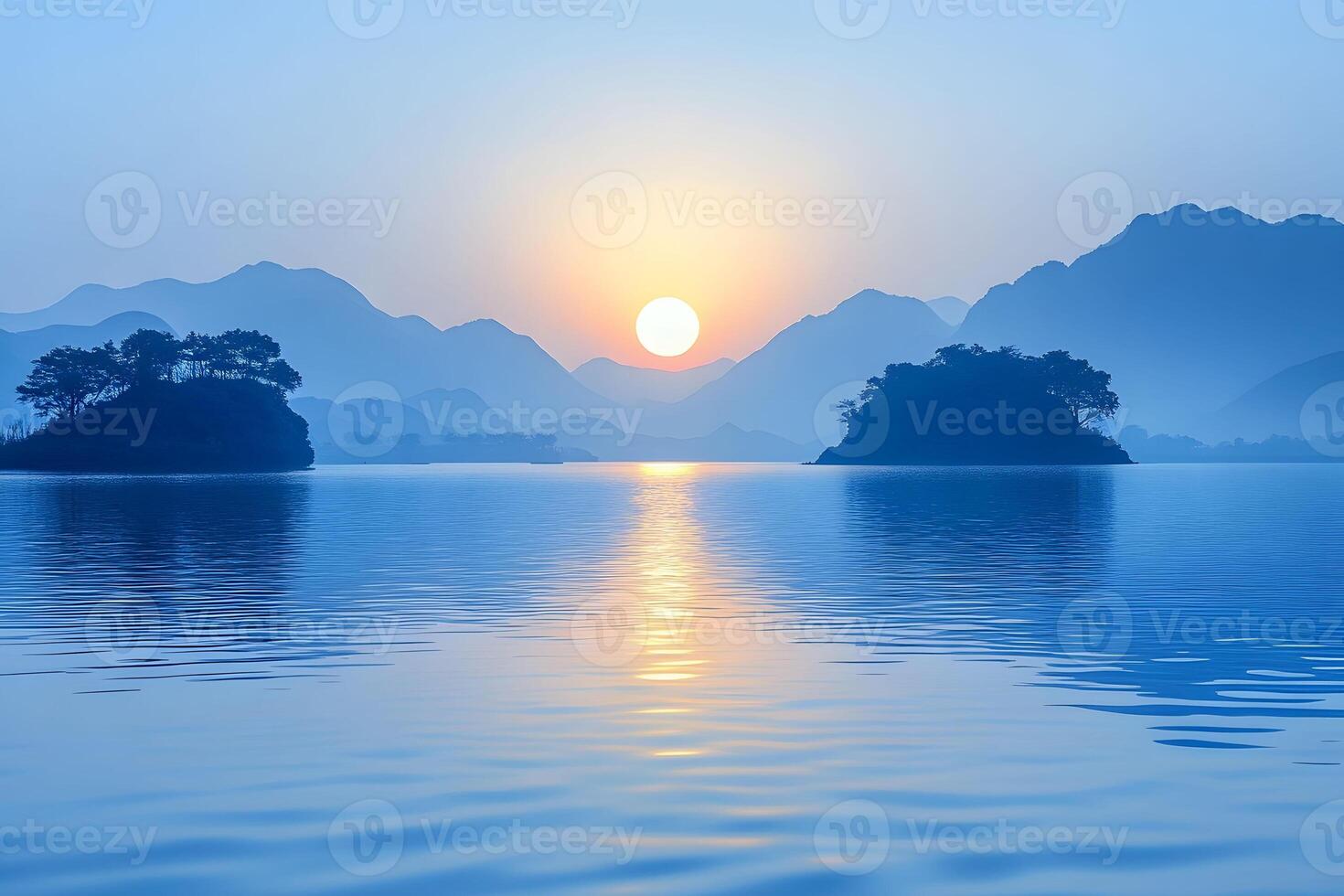 Tranquil Sunrise Over Misty Mountain Lake for Relaxation and Nature Themes photo
