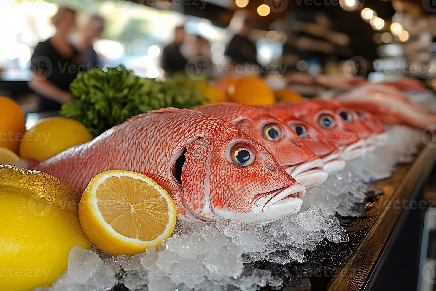 Fresh Red Snapper Display with Lemons and Herbs at a Seafood Market for Gourmet Cooking Inspiration photo