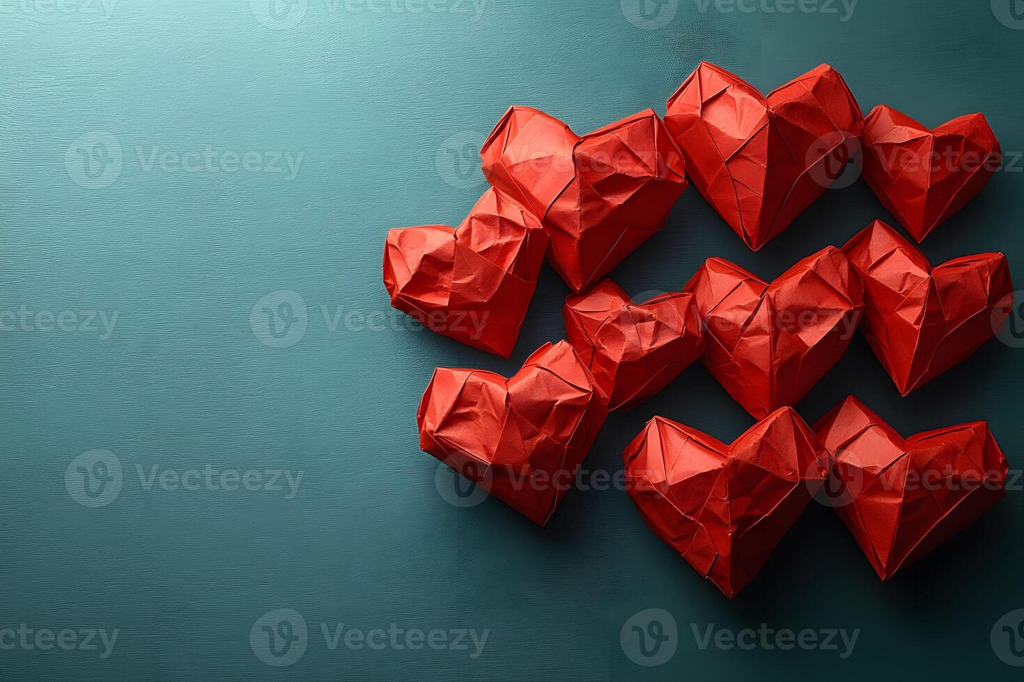 Origami Red Hearts on Teal Canvas - Valentine's Day Design for Cards and Posters photo