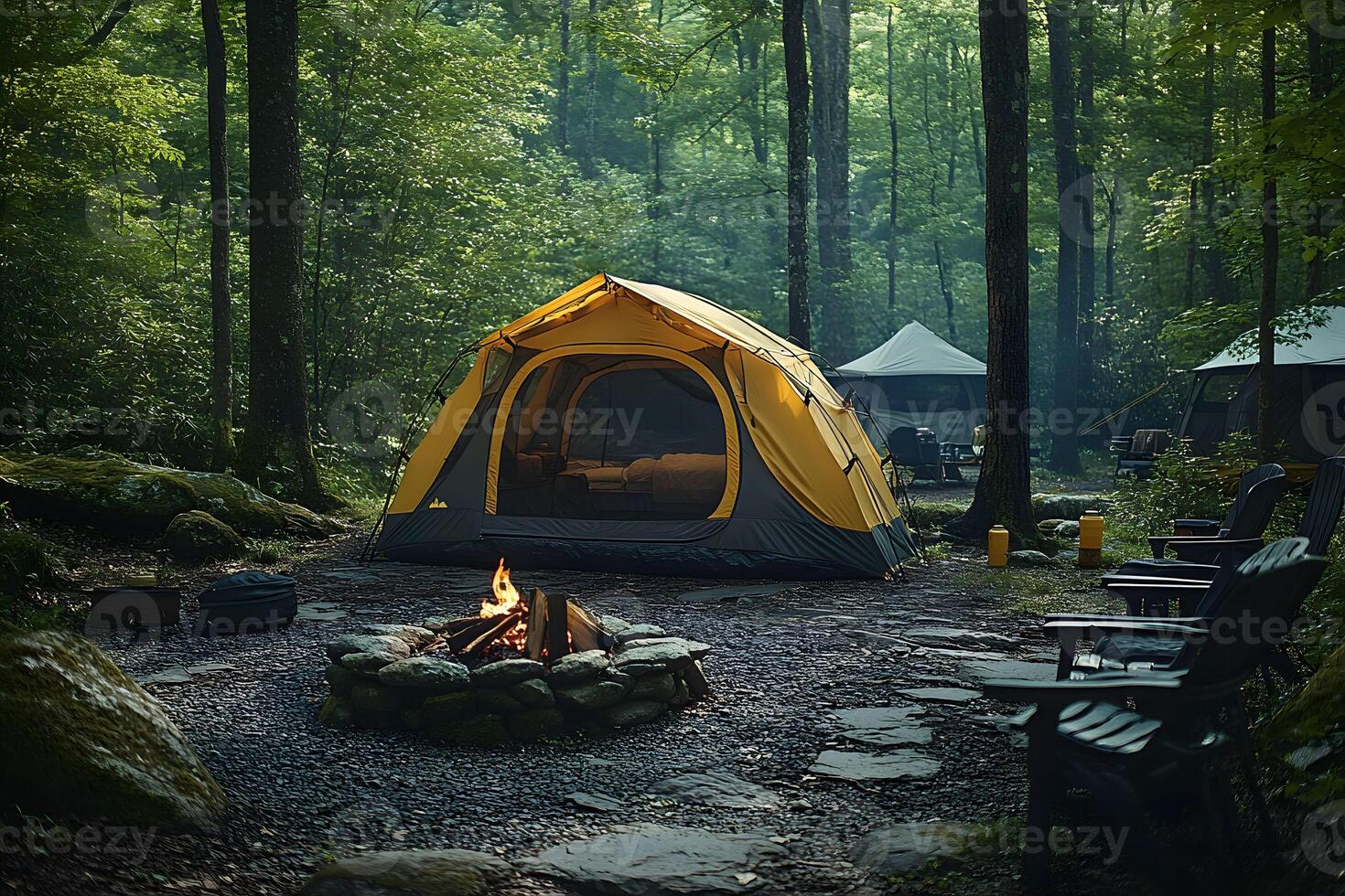Serene Forest Camping Scene with Cozy Tent and Campfire at Dusk photo