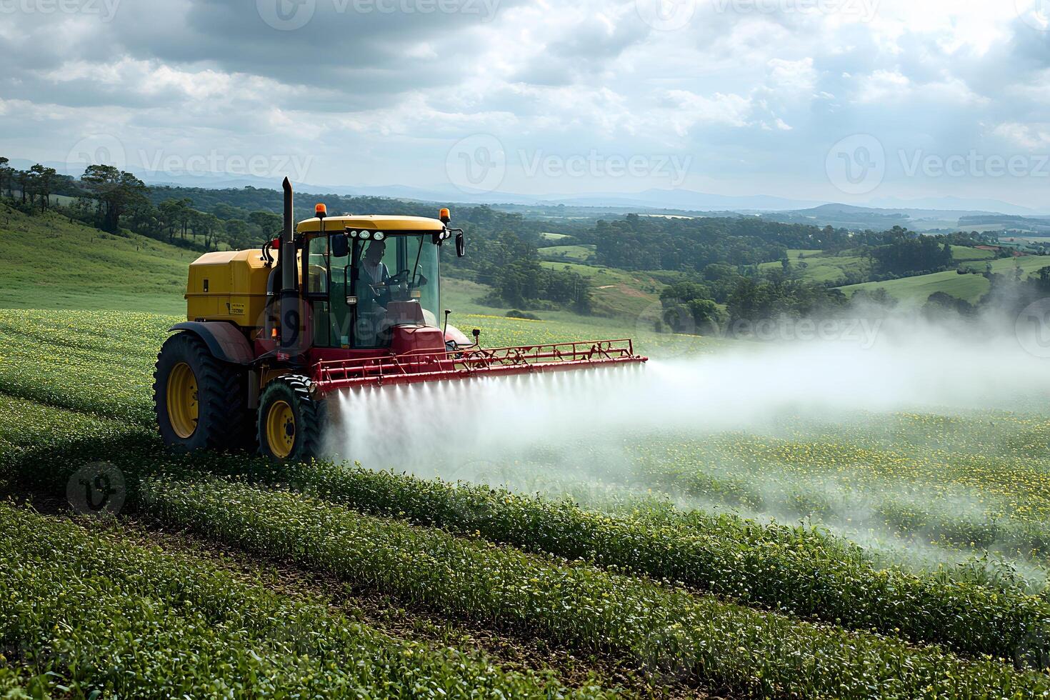 Agricultural Machinery in Action Tractor Spraying Fertilizer on Verdant Field for Enhanced Crop Yield photo