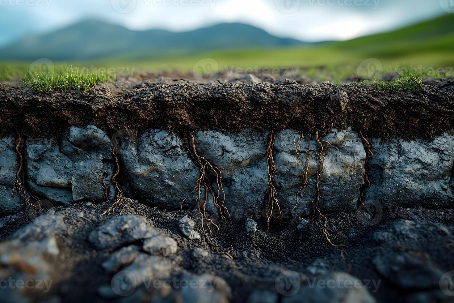 Cross-Section of Soil with Roots in Lush Landscape for Educational and Environmental Design photo