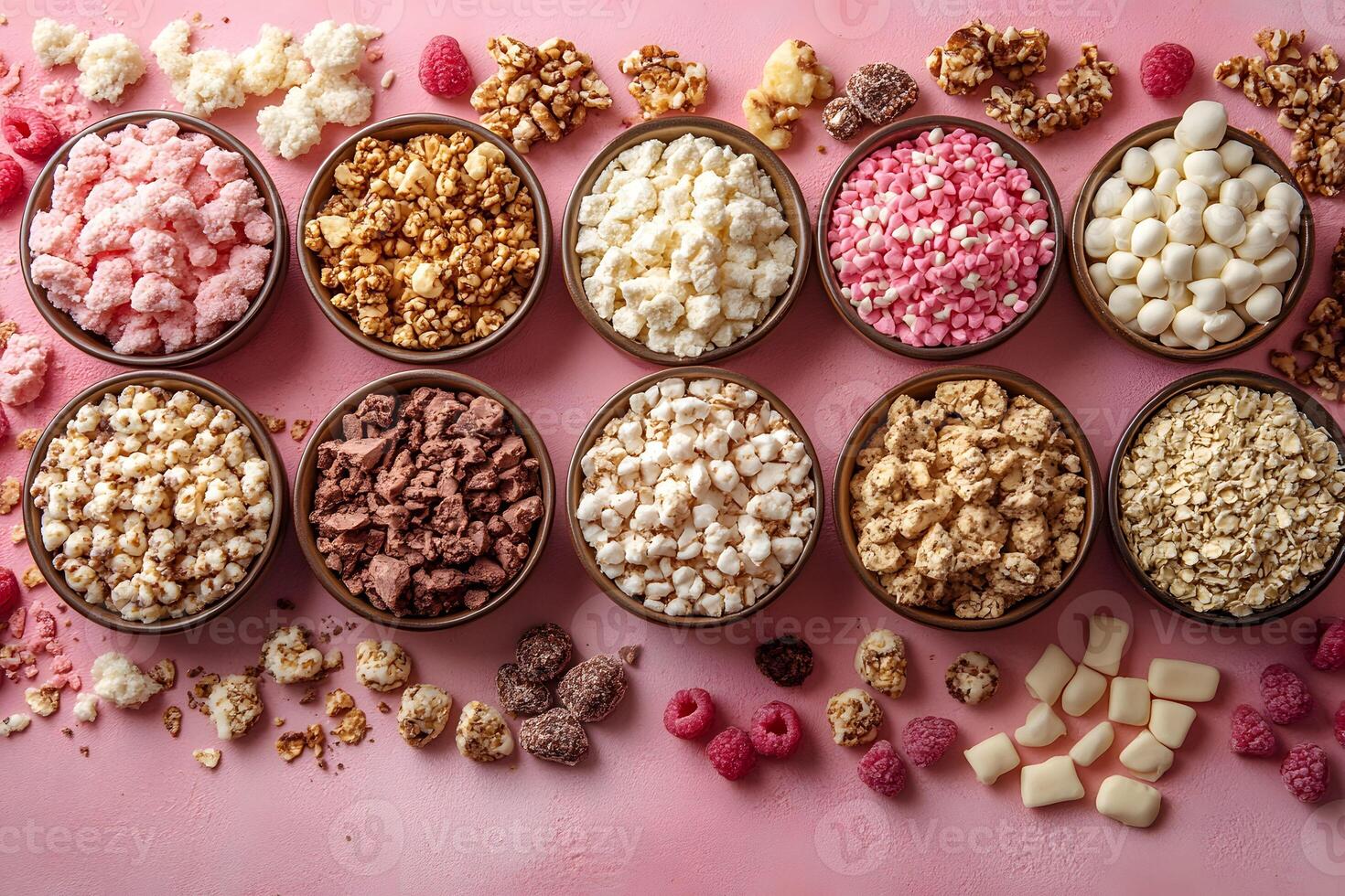 Assorted Gourmet Popcorn and Sweets on Pink Background for Culinary Delight and Snack Inspiration photo