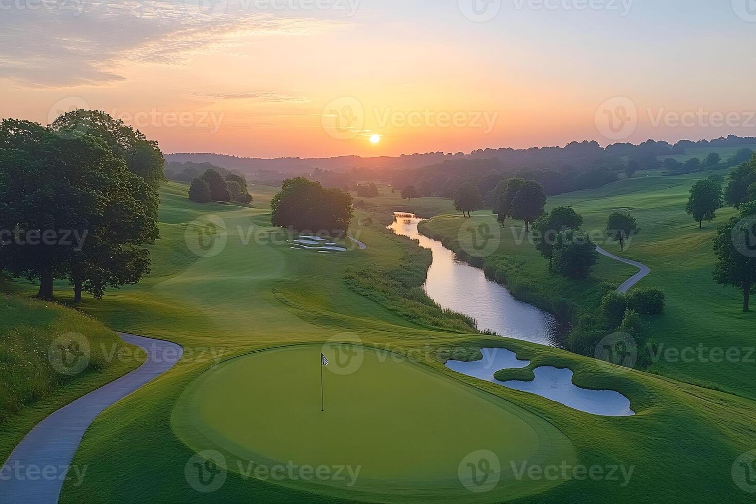 Scenic Summer Sunset Over Lush Golf Course Landscape with Serene River photo