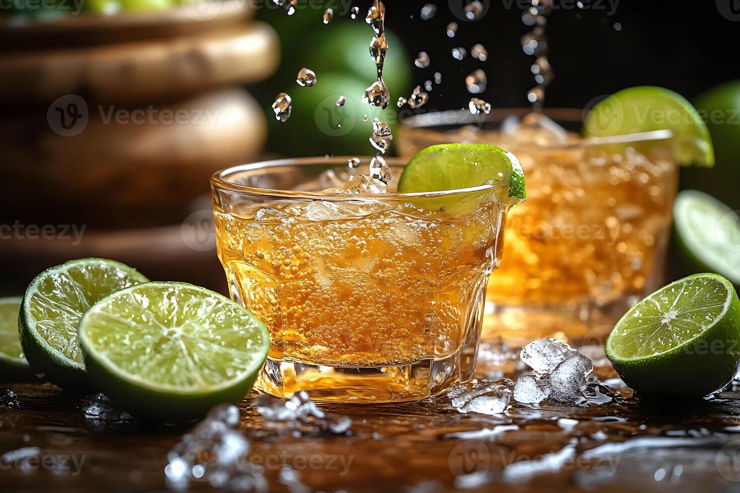 Refreshing Lime and Whiskey Cocktail with Ice in a Rustic Setting photo