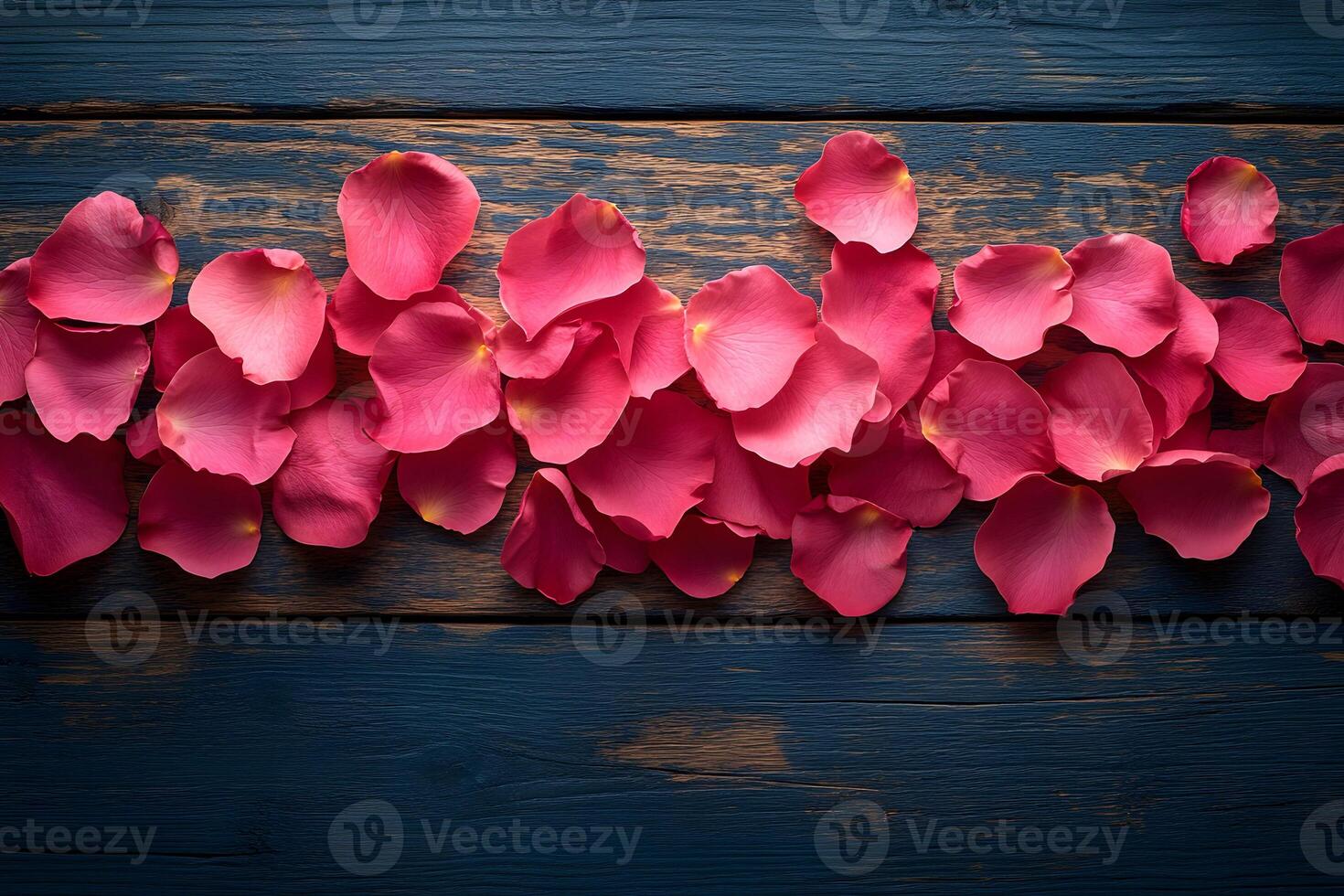 Red Rose Petals Spread on Rustic Wooden Surface Nature's Elegance for Interior Design and Decor photo