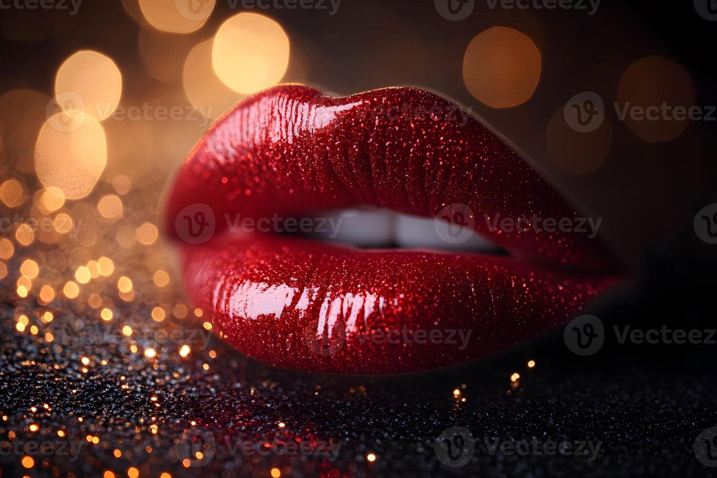 Glamorous Red Lips with Glitter and Bokeh Lights photo